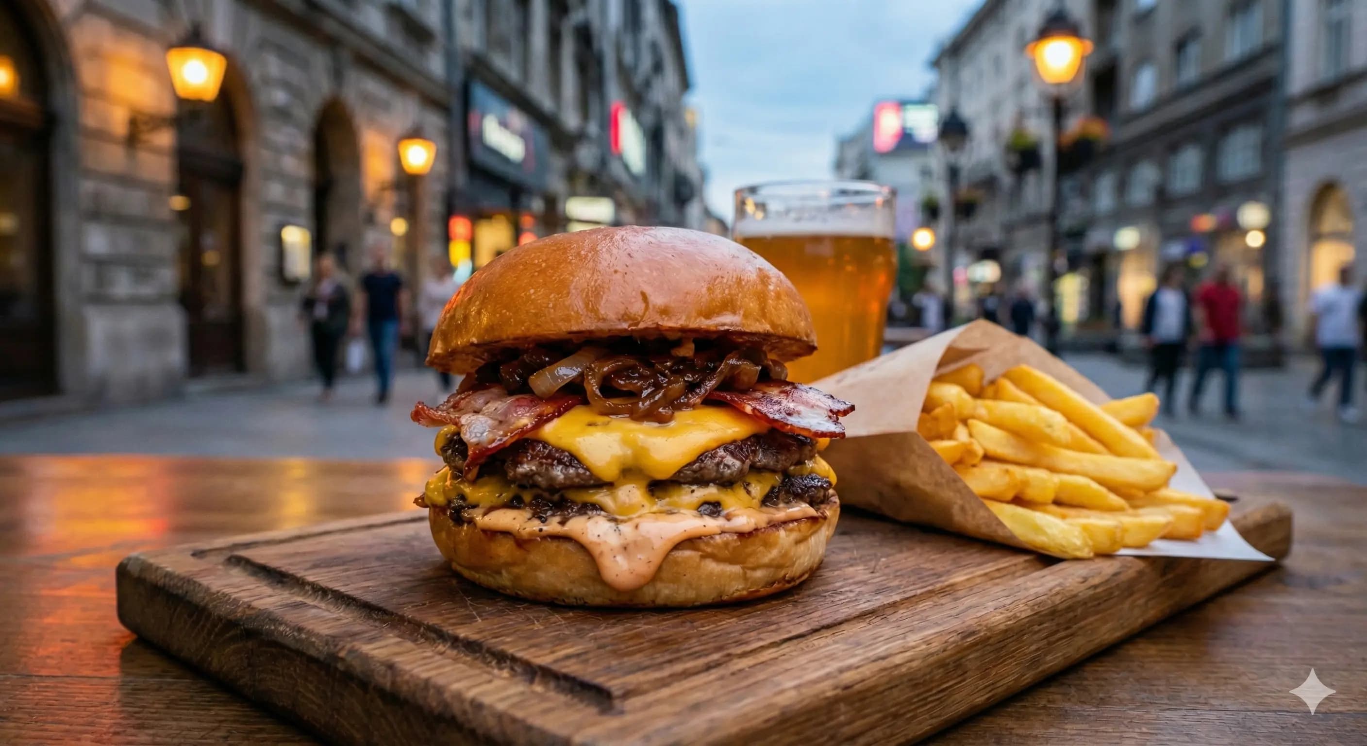 Sočan zanatski double smash burger sa topljenim sirom, slaninom i pomfritom ispred street food lokala