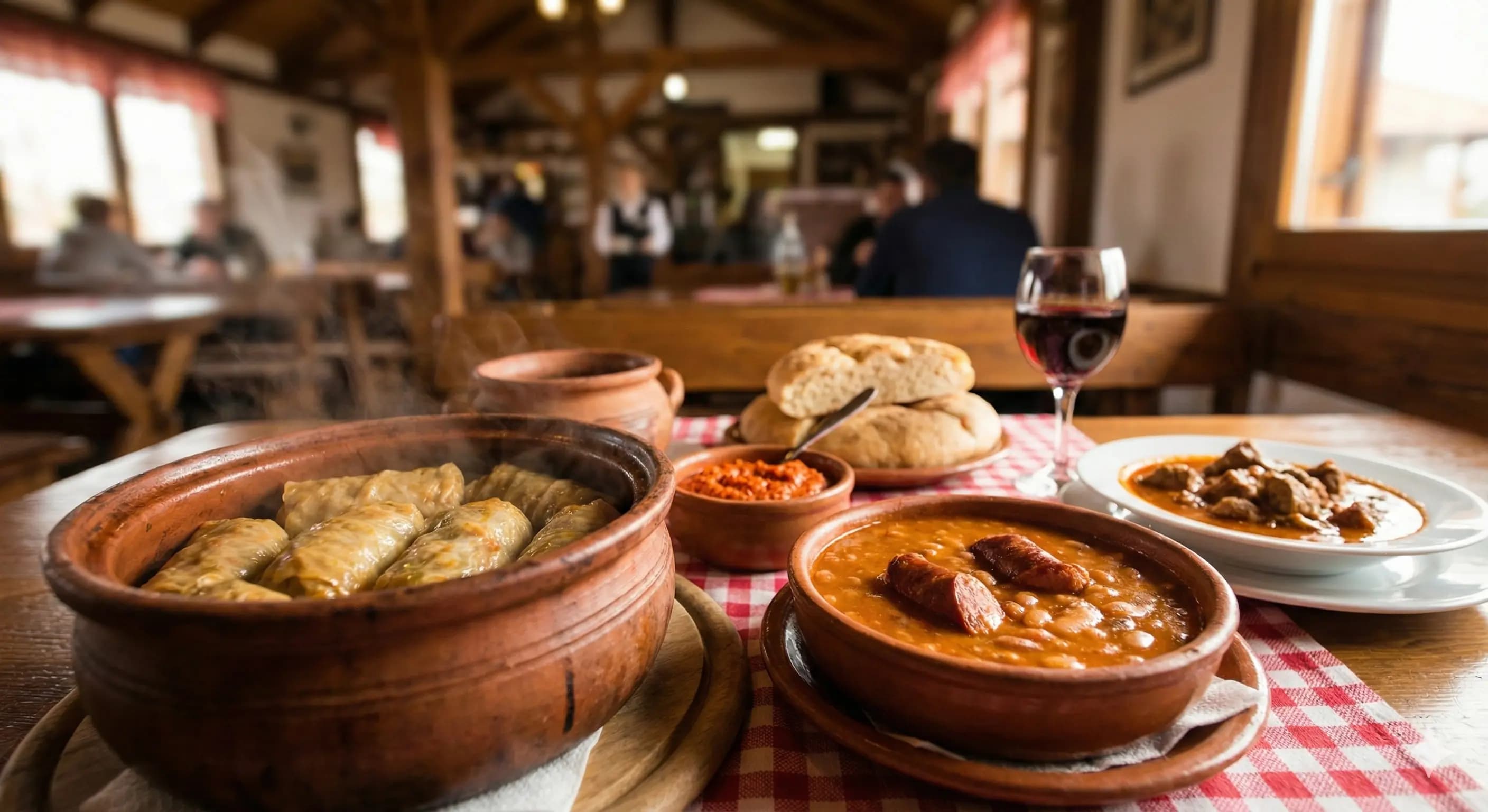 Tradicionalna srpska kuvana jela - sarma, pasulj i gulaš servirana u glinenim posudama u etno kafani